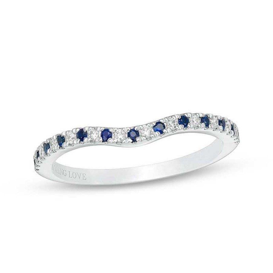 Zales Vera Wang Love Collection Blue Sapphire And 1/15 Ct. T.W. Diamond Contour Wedding Band In 14K White Gold Rings