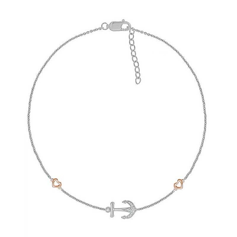 Zales 1/20 Ct. T.W. Diamond Heart And Anchor Anklet In Sterling Silver And 10K Rose Gold 10" Bracelets