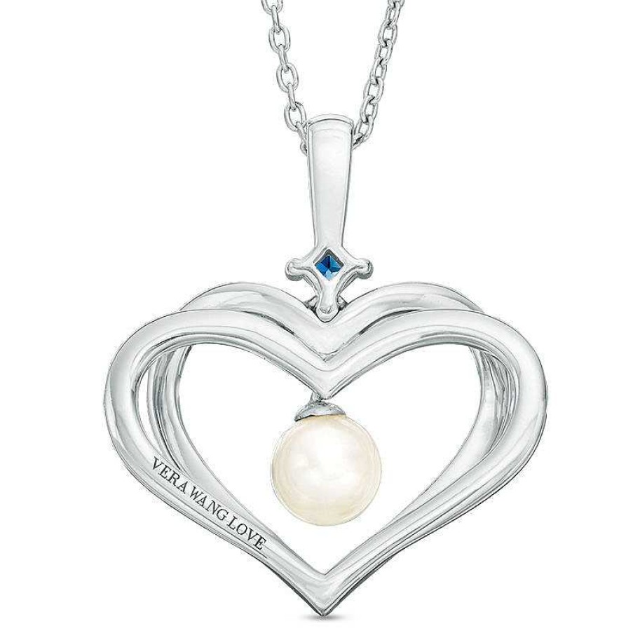 Zales The Kindred Heart From Vera Wang Love Collection Cultured Freshwater Pearl And Sapphire Pendant In Sterling Silver - 19" Necklaces