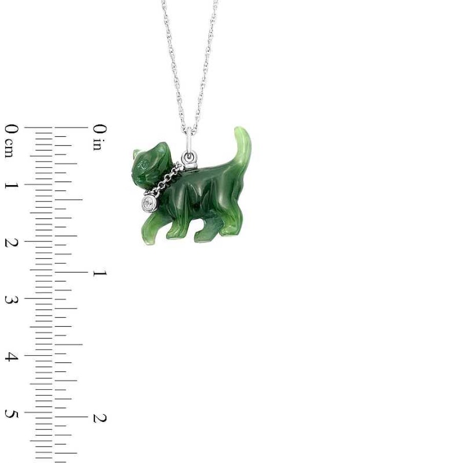 Zales Jade And White Lab-Created Sapphire Bezel-Set Chain Collar Cat Pendant In Sterling Silver Necklaces