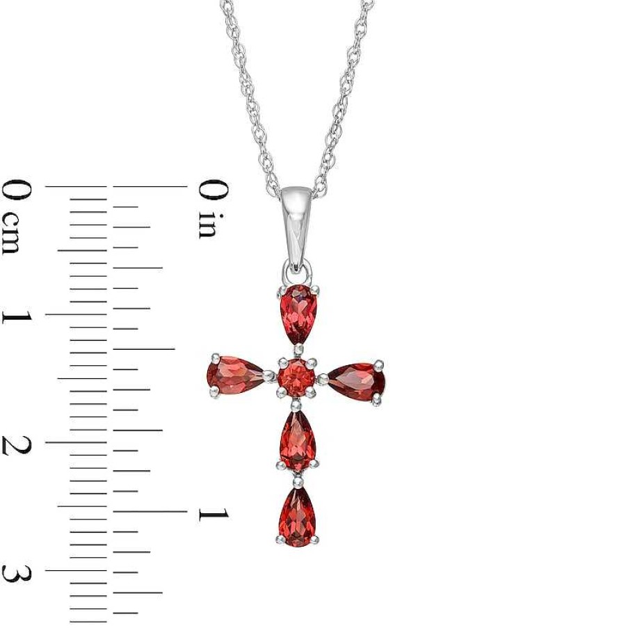 Zales Pear-Shaped And Round Garnet Cross Pendant In Sterling Silver Necklaces