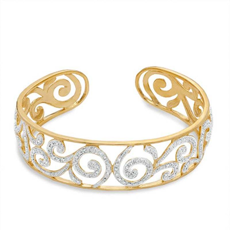 Zales Diamond Accent Scroll Cuff Bracelet In Sterling Silver With 18K Gold Plate - 7.25" Bracelets