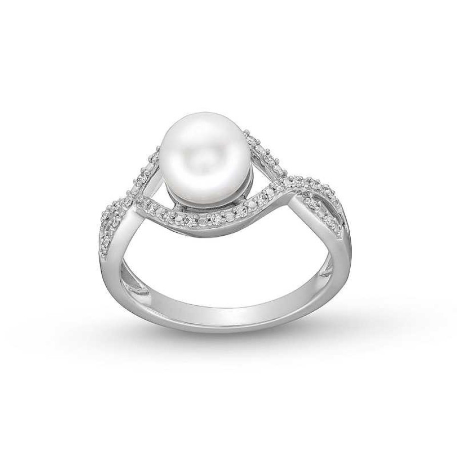 Zales 7.0Mm Button Cultured Freshwater Pearl And 1/10 Ct. T.W. Diamond Infinity Twist Shank Ring In 10K White Gold Rings