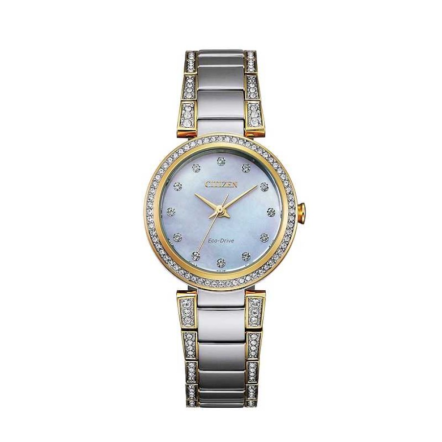 Citizen Ladies' Citizen Eco-Drive® Crystal Accent Two-Tone Watch With Mother-Of-Pearl Dial (Model: Em0844-58D) Watches