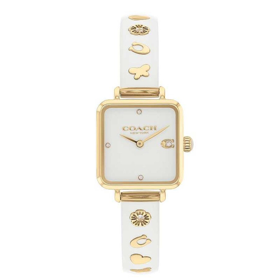 Coach Ladies' Coach Cass Crystal Accent Gold-Tone Ip White Resin Bangle Watch With Square White Dial (Model: 14504308) Watches