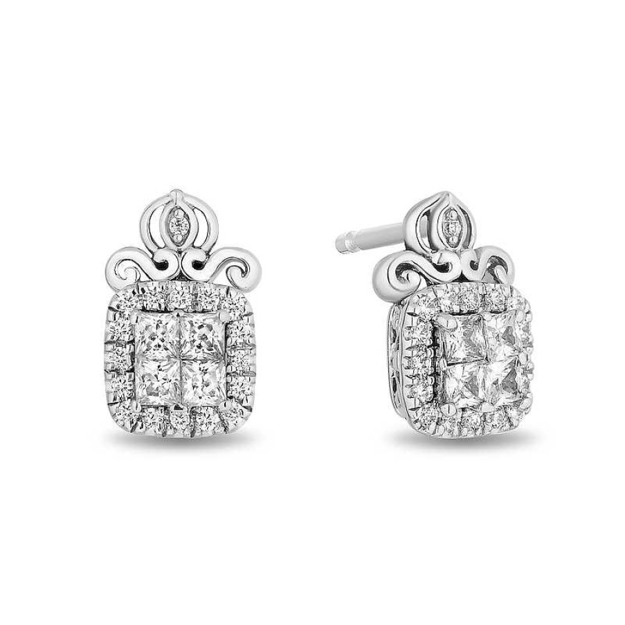 Zales Enchanted Disney Cinderella 3/8 Ct. T.W. Quad Princess-Cut Diamond Frame Stud Earrings In Sterling Silver Earrings