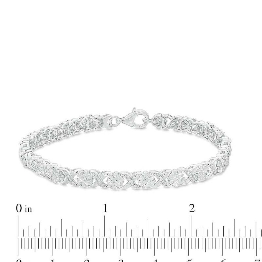 Zales 1/4 Ct. T.W. Diamond Floral "Xo" Link Bracelet In Sterling Silver - 7.25" Bracelets