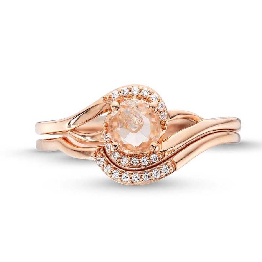 Zales 5.0Mm Morganite And 1/20 Ct. T.W. Diamond Bypass Shank Bridal Set In 10K Rose Gold Rings