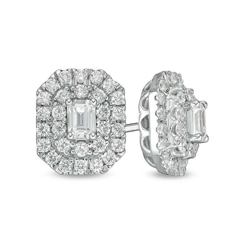 Zales 1 Ct. T.W. Certified Emerald-Cut Lab-Created Diamond Octagonal Double Frame Stud Earrings In 14K White Gold (F/Si2) Earrings