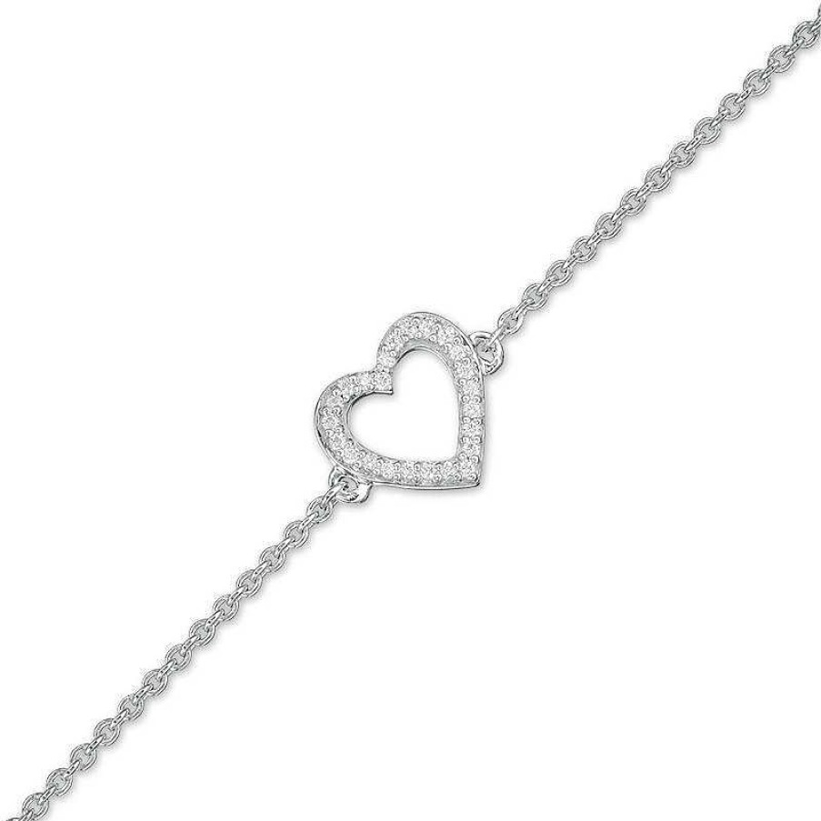 Zales 1/15 Ct. T.W. Diamond Heart Outline Anklet In Sterling Silver - 10" Bracelets