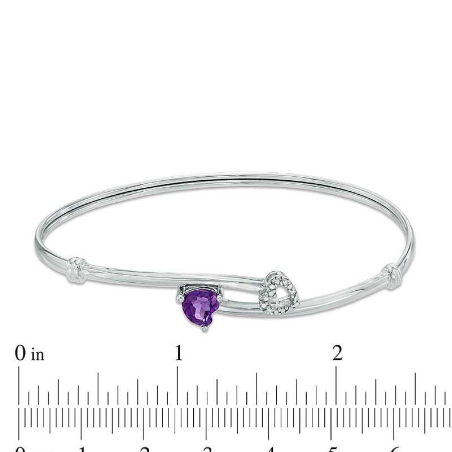 Zales 6.0Mm Heart-Shaped Amethyst And Diamond Accent Double Heart Bangle In Sterling Silver Bracelets