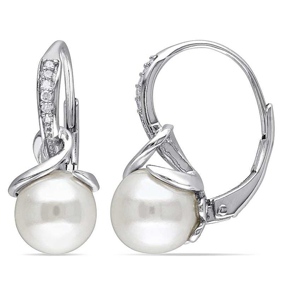 Zales 8.0 - 8.5Mm Cultured Freshwater Pearl And Diamond Accent Drop Earrings In Sterling Silver Earrings