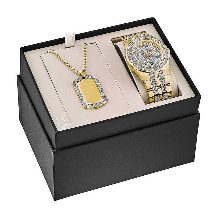 Bulova Men'S Exclusive Bulova Crystal Accent Gold-Tone Pvd Watch And Dog Tag Pendant Box Set (Model: 98K102) Watches