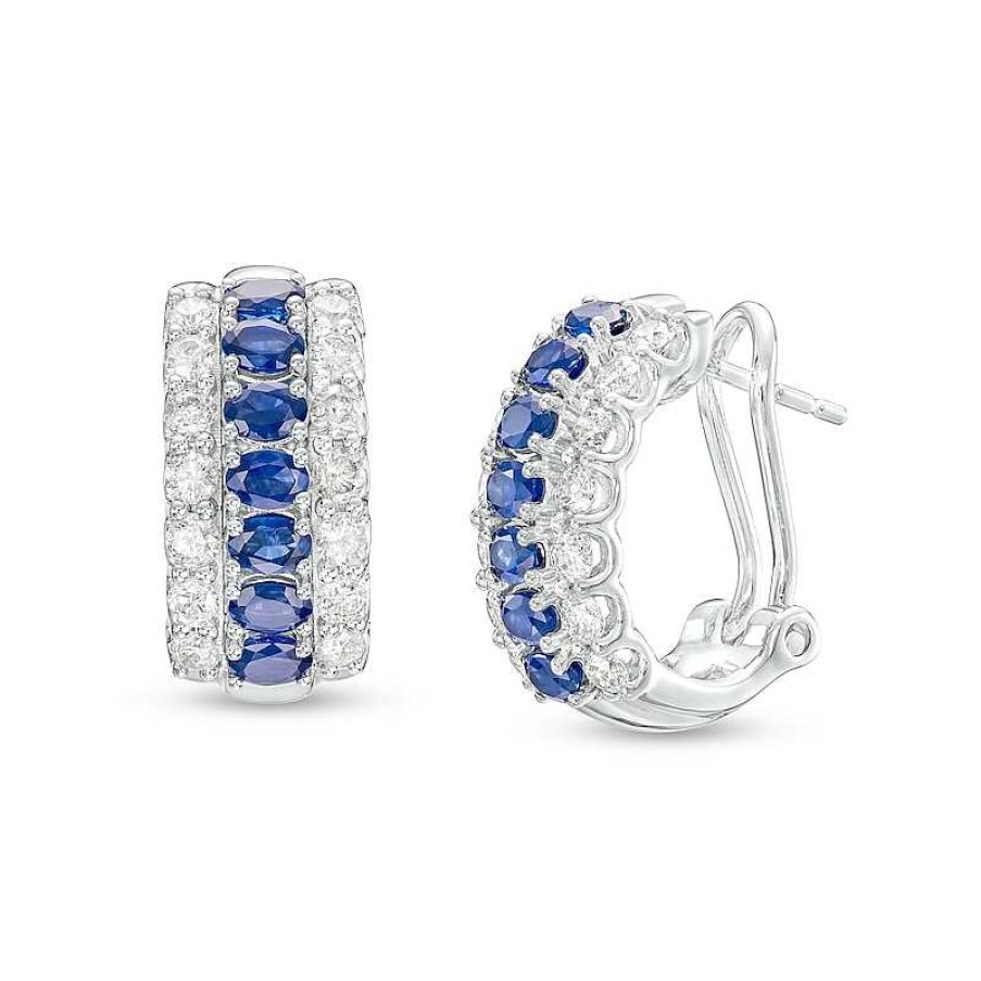 Zales Oval Blue Sapphire And 3/4 Ct. T.W. Diamond Triple Row Hoop Earrings In 10K White Gold Earrings