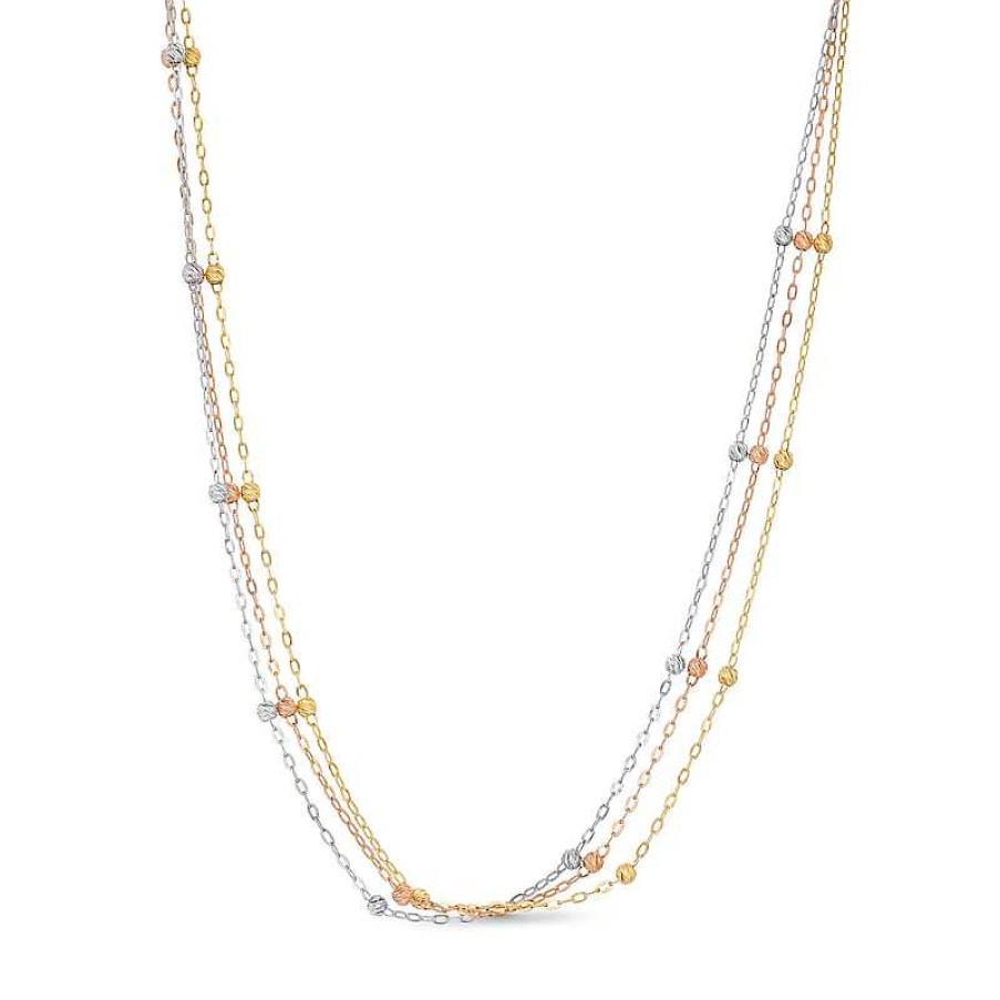 Zales Three-Strand Diamond-Cut Beaded Chain Anklet In 14K Tri-Tone Gold 10" Bracelets