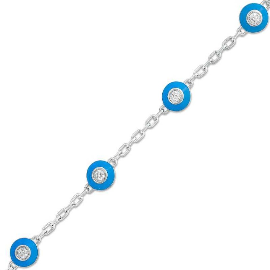 Zales 3/4 Ct. T.W. Diamond Turquoise Enamel Frame Paper Clip Link Chain Station Bracelet In 10K White Gold Bracelets