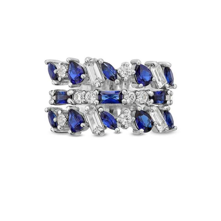 Zales Multi-Shaped Blue And White Lab-Created Sapphire Alternating Triple Row Ring In Sterling Silver Rings