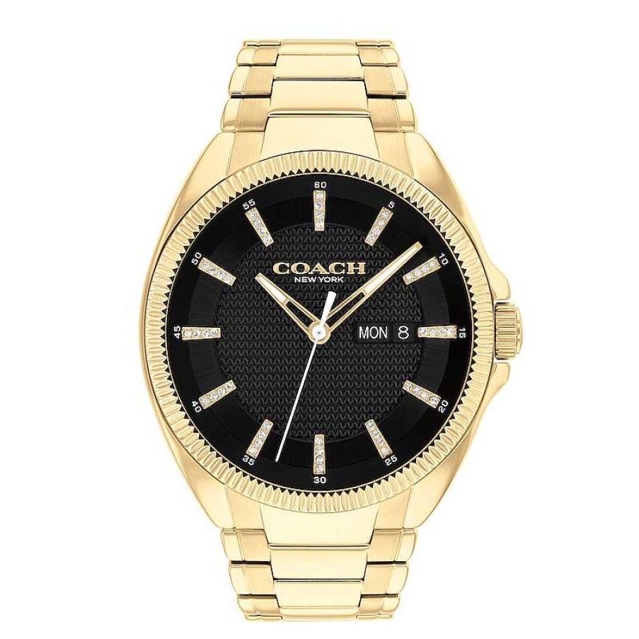 Coach Men'S Coach Jackson Crystal Accent Gold-Tone Ip Watch With Black Dial (Model: 14602694) Watches