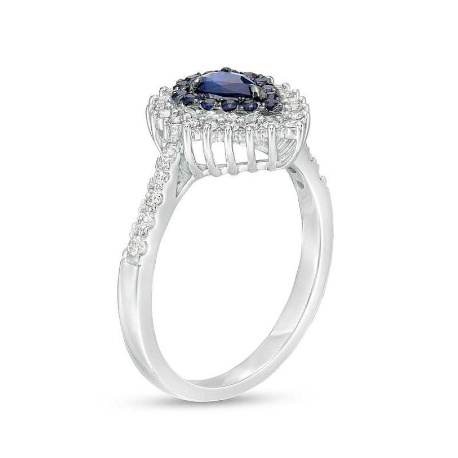 Zales Pear-Shaped Blue Sapphire And 1/3 Ct. T.W. Diamond Frame Ring In 10K White Gold Rings