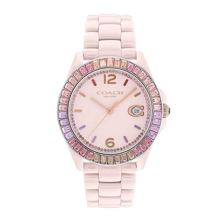 Coach Ladies' Coach Greyson Multi-Color Crystal Accent Rainbow Bezel Pink Ceramic Watch With Pink Dial (Model: 14504020) Watches