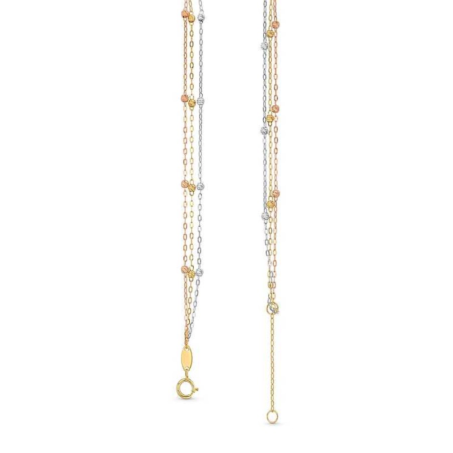 Zales Three-Strand Diamond-Cut Beaded Chain Anklet In 14K Tri-Tone Gold 10" Bracelets