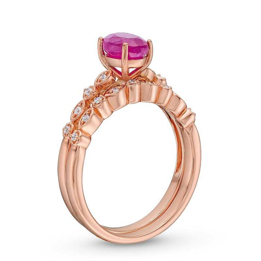 Zales Oval Certified Ruby And 1/10 Ct. T.W. Diamond Art Deco Double Row Engagement Ring In 10K Rose Gold Rings