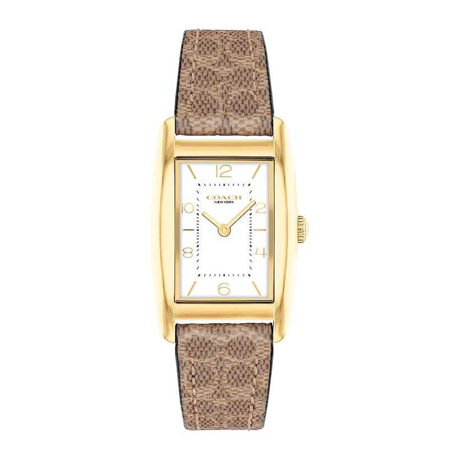 Coach Ladies' Coach Reese Gold-Tone Ip Brown Leather Strap Watch With Rectangular White Dial (Model: 14504355) Watches