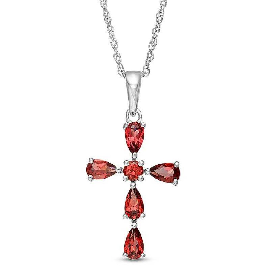 Zales Pear-Shaped And Round Garnet Cross Pendant In Sterling Silver Necklaces