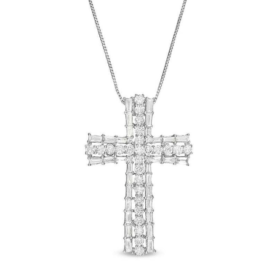 Zales 1-1/3 Ct. T.W. Baguette And Round Diamond Cross Pendant In 10K White Gold Necklaces