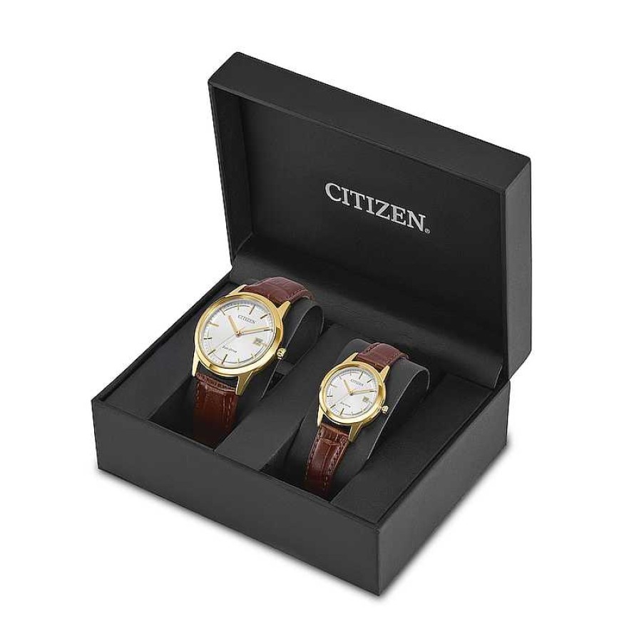 Citizen His And Hers Citizen Eco-Drive® Corso Gold-Tone Strap Watch With White Dial (Model: Pairs-Retail-0102-A) Watches