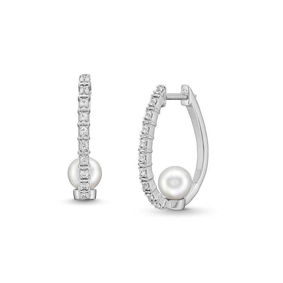 Zales 6.0Mm Cultured Freshwater Pearl And White Lab-Created Sapphire Hoop Earrings In Sterling Silver Earrings