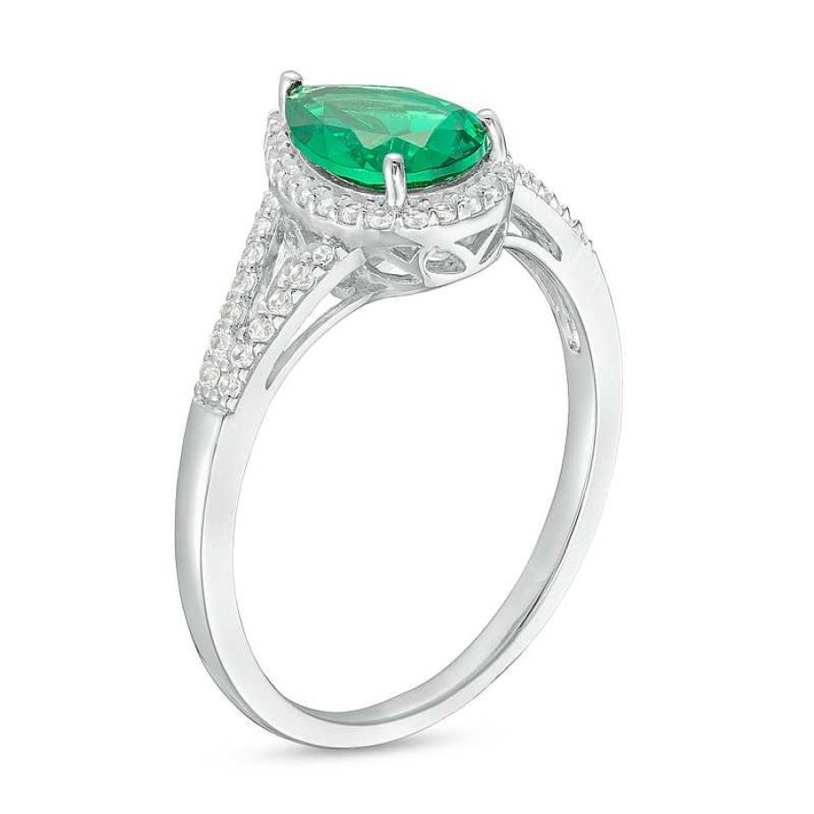 Zales Pear-Shaped Green Quartz Doublet And White Lab-Created Sapphire Frame Split Shank Ring In Sterling Silver Rings