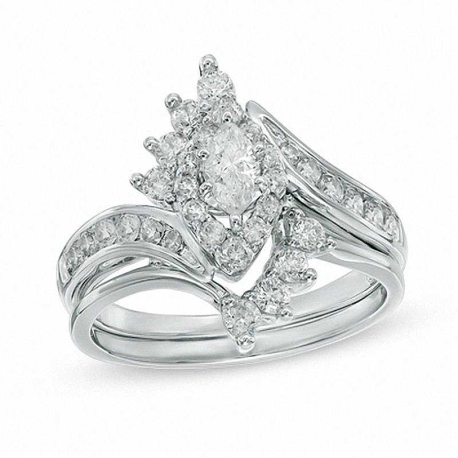 Zales 1 Ct. T.W. Marquise Diamond Shadow Frame Bridal Set In 14K White Gold Rings