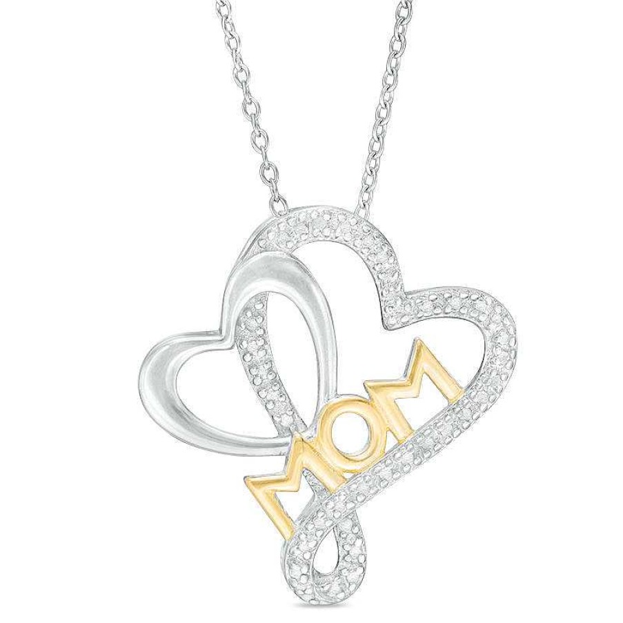 Zales Diamond Accent Double Heart "Mom" Pendant In Sterling Silver With 18K Gold Plate Necklaces