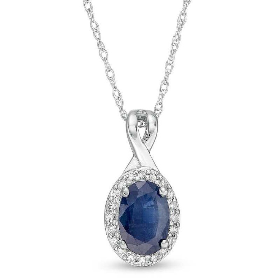 Zales Oval Blue Sapphire And 1/15 Ct. T.W. Diamond Frame Pendant In 10K White Gold Necklaces