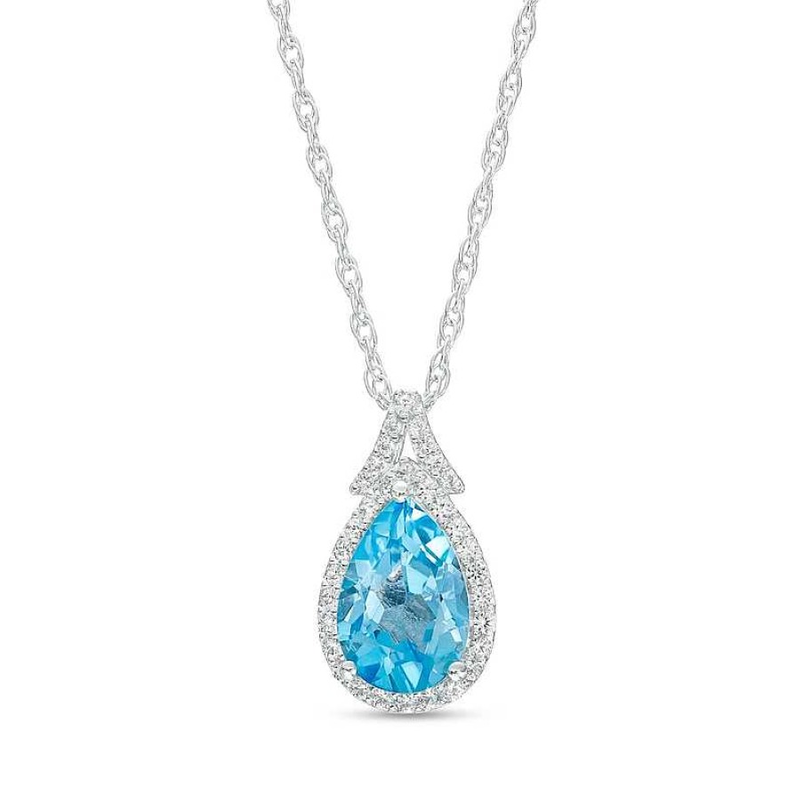 Zales Pear-Shaped Swiss Blue Topaz And White Lab-Created Sapphire Frame Split Bail Pendant In Sterling Silver Necklaces