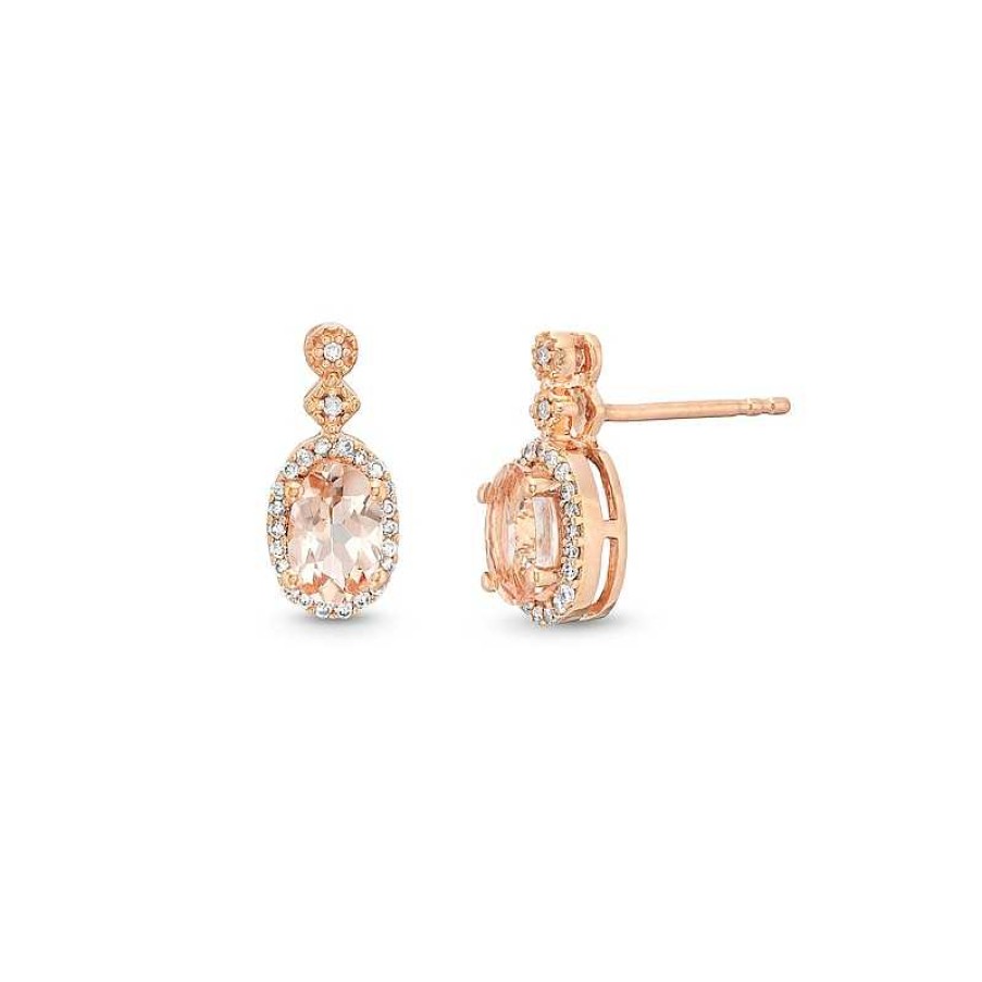 Zales Oval Morganite And 1/8 Ct. T.W. Diamond Frame Art Deco Drop Earrings In 10K Rose Gold Earrings