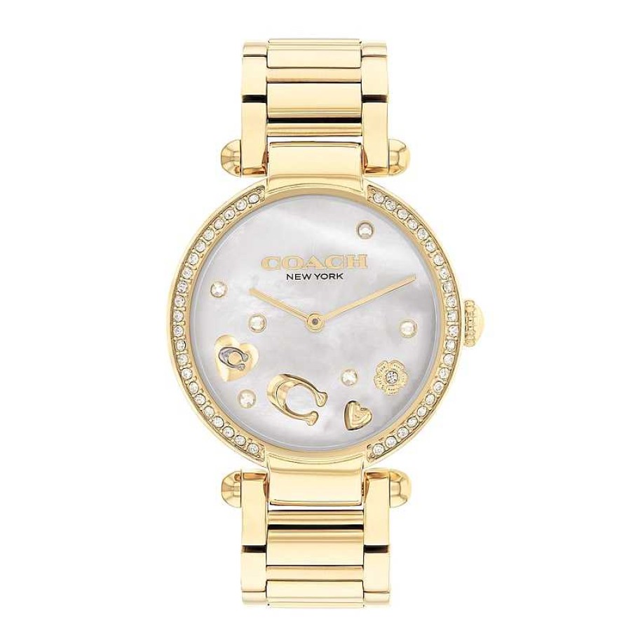 Coach Ladies' Coach Cary Crystal Accent Motif Gold-Tone Ip Watch With White Mother-Of-Pearl Dial (Model: 14504265) Watches