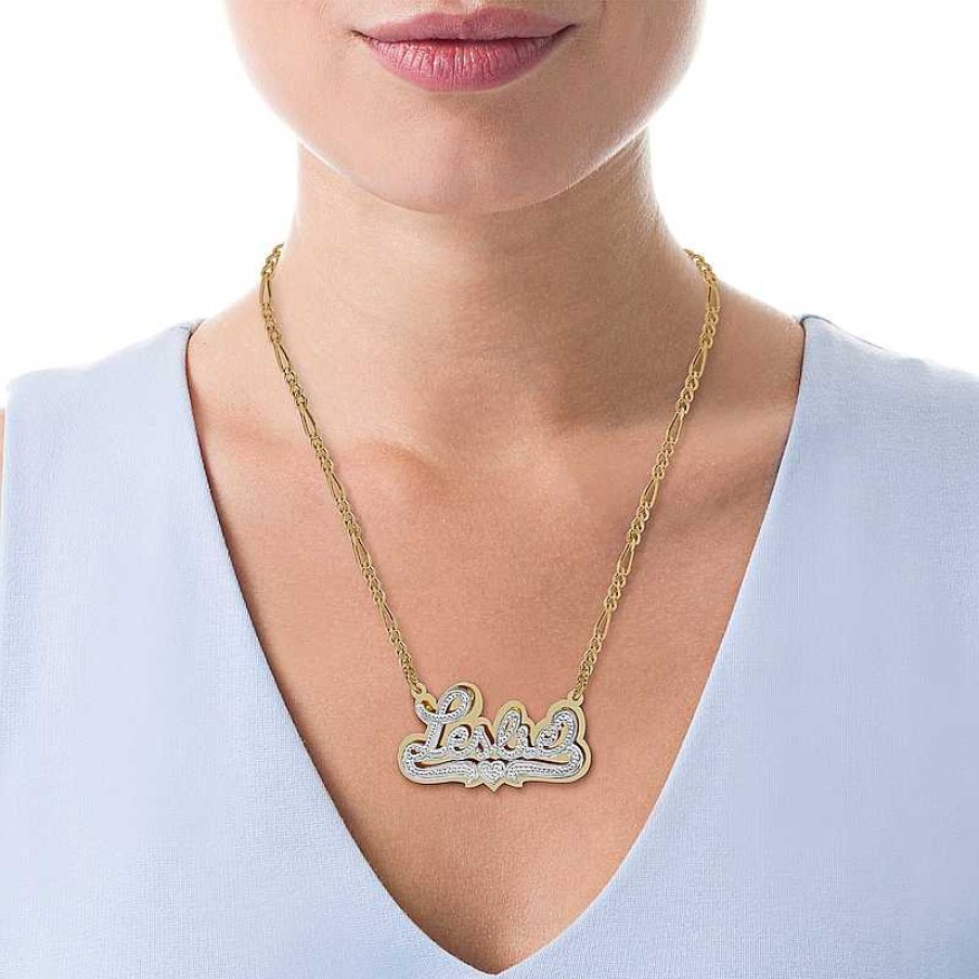 Zales Diamond Accent Hammered Script Name And Heart Ribbon Plate Necklace In Sterling Silver And 14K Gold Over Silver (1 Line) Necklaces