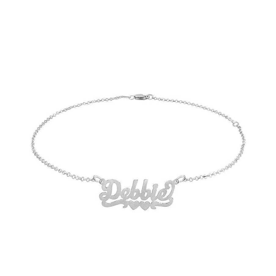 Zales Script Name With Double Heart Ribbon Accent Anklet In Sterling Silver (1 Line) - 10" Bracelets