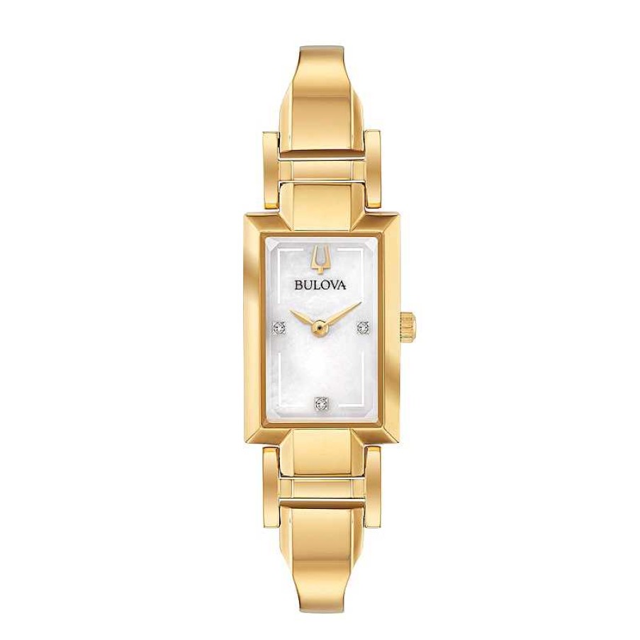 Bulova Ladies' Bulova Classic Diamond Accent Gold-Tone Bangle Watch With Rectangular Mother-Of-Pearl Dial (Model: 97P141) Watches