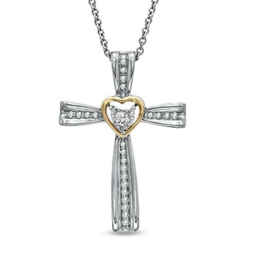 Zales 1/10 Ct. T.W. Diamond Heart In Cross Pendant In Sterling Silver And 10K Rose Gold Necklaces