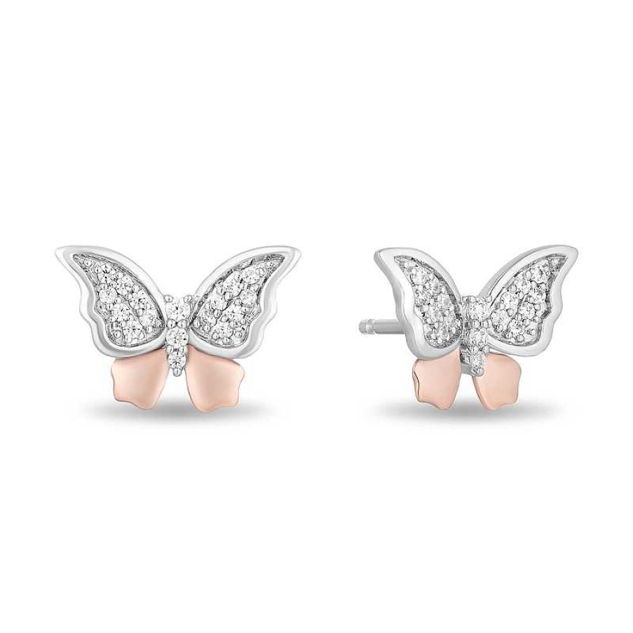 Zales Enchanted Disney Mulan 1/8 Ct. T.W. Diamond Butterfly Stud Earrings In Sterling Silver And 10K Rose Gold Earrings