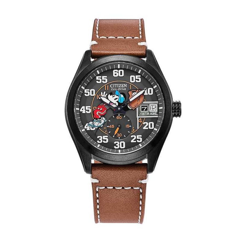 Citizen Men'S Citizen Eco-Drive® Mickey Mouse & Friends Baseball Brown Leather Strap Watch (Model: Bv1089-05W) Watches