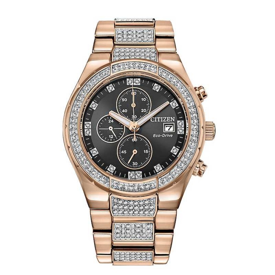 Citizen Men'S Citizen Eco-Drive® Crystal Accent Rose-Tone Chronograph Watch With Black Dial (Model: Ca0753-55E) Watches