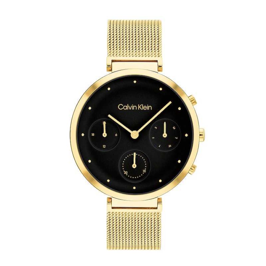 Calvin Klein Ladies' Calvin Klein Gold-Tone Ip Mesh Chronograph Watch With Black Dial (Model: 25200287) Watches