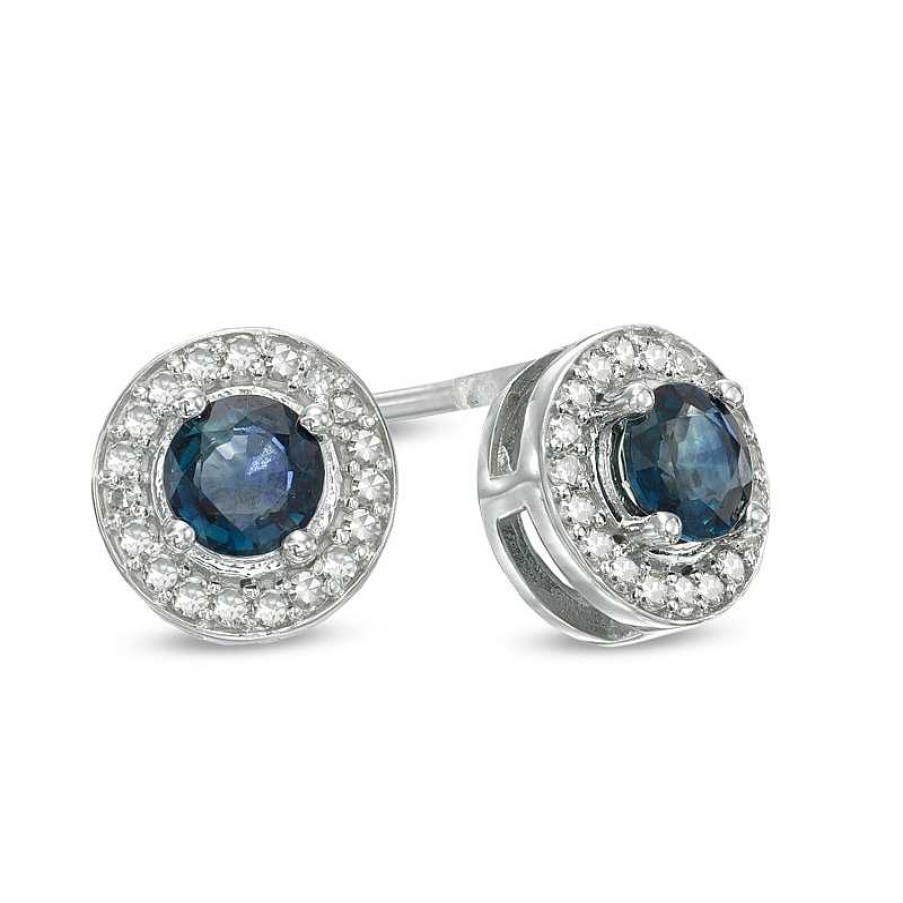 Zales 4.0Mm Blue Sapphire And 1/10 Ct. T.W. Diamond Frame Stud Earrings In 10K White Gold Earrings