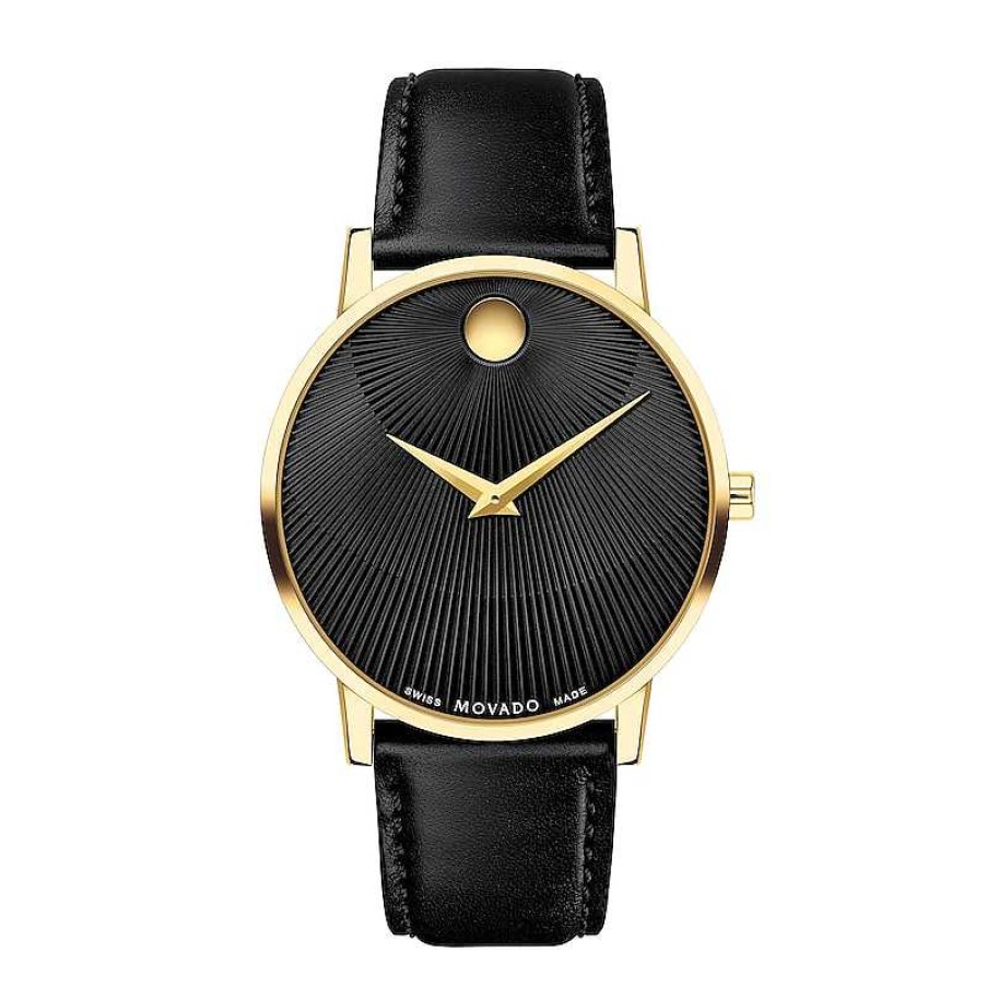 Movado Men'S Movado Museum® Classic Gold-Tone Pvd Black Strap Watch With Burst Black Dial (Model: 0607799) Watches