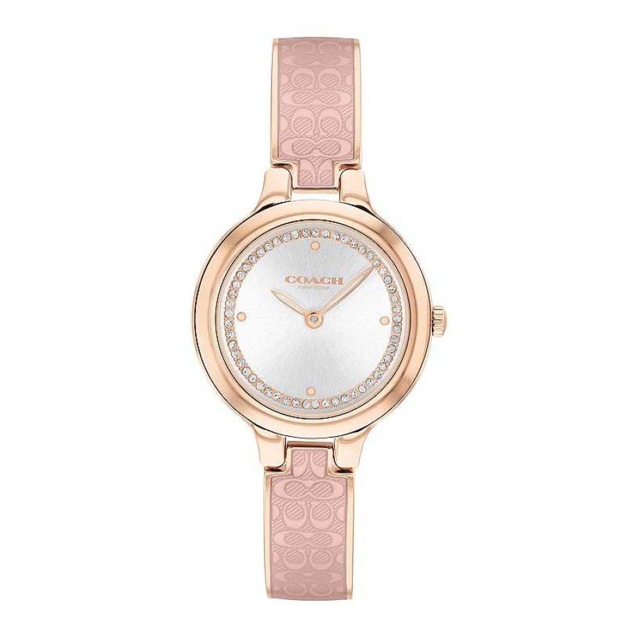 Coach Ladies' Coach Chelsea Crystal Accent Rose-Tone Ip Pink Bangle Watch With White Dial (Model: 14504331) Watches