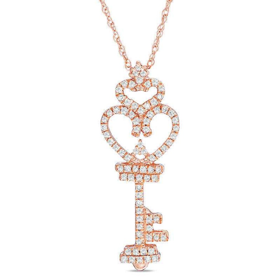 Zales 1/6 Ct. T.W. Diamond Heart-Top Key Pendant In 10K Rose Gold Necklaces